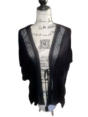 Elan black crochet-trim kimono cover-up.  S